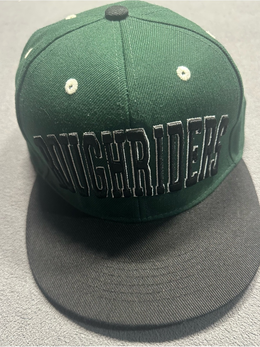 Green and Black Flat Brim Snapback Hat with Embroidered Lettering